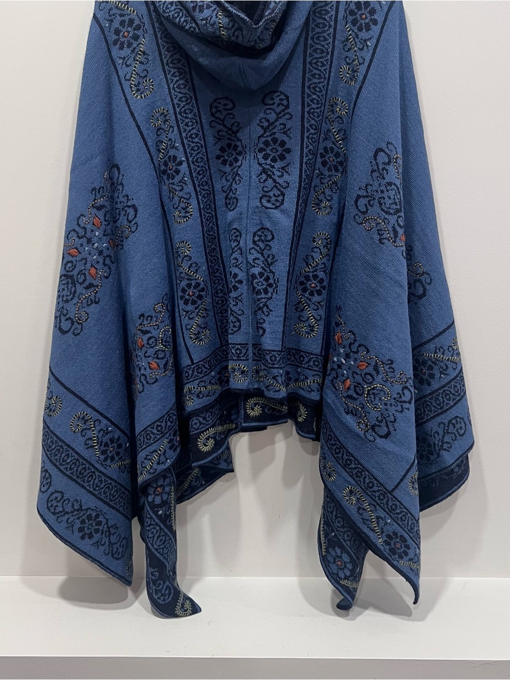 Embroidered Hooded Cape in Denim Blue